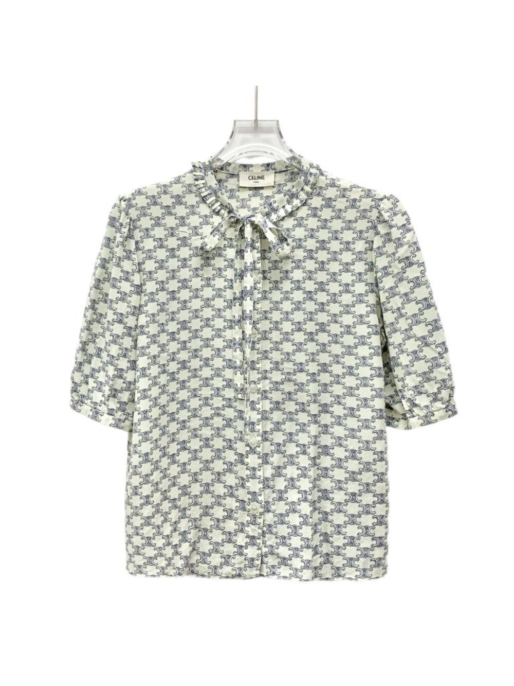 Celine 2022 Color-Block Triomphe Silk Bow-Tie Short-Sleeve Shirt